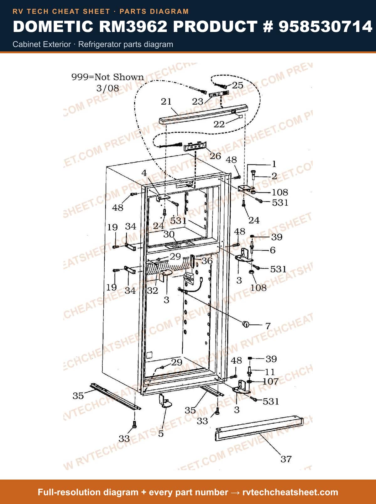 Dometic RM3962 Product # 958530714 cabinet exterior — parts list sheet