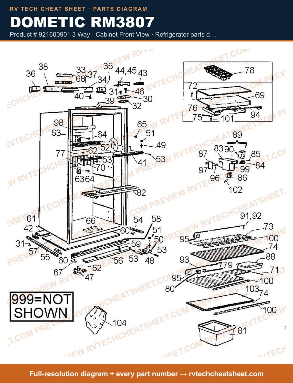 Dometic RM3807 product # 921600901 3 way - cabinet front view — parts list sheet
