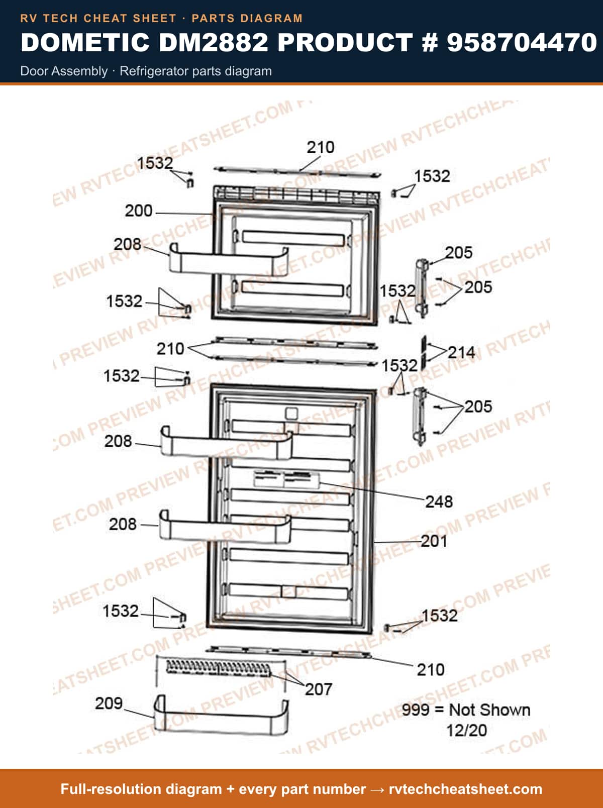Dometic DM2882 Product # 958704470 door assembly — parts list sheet