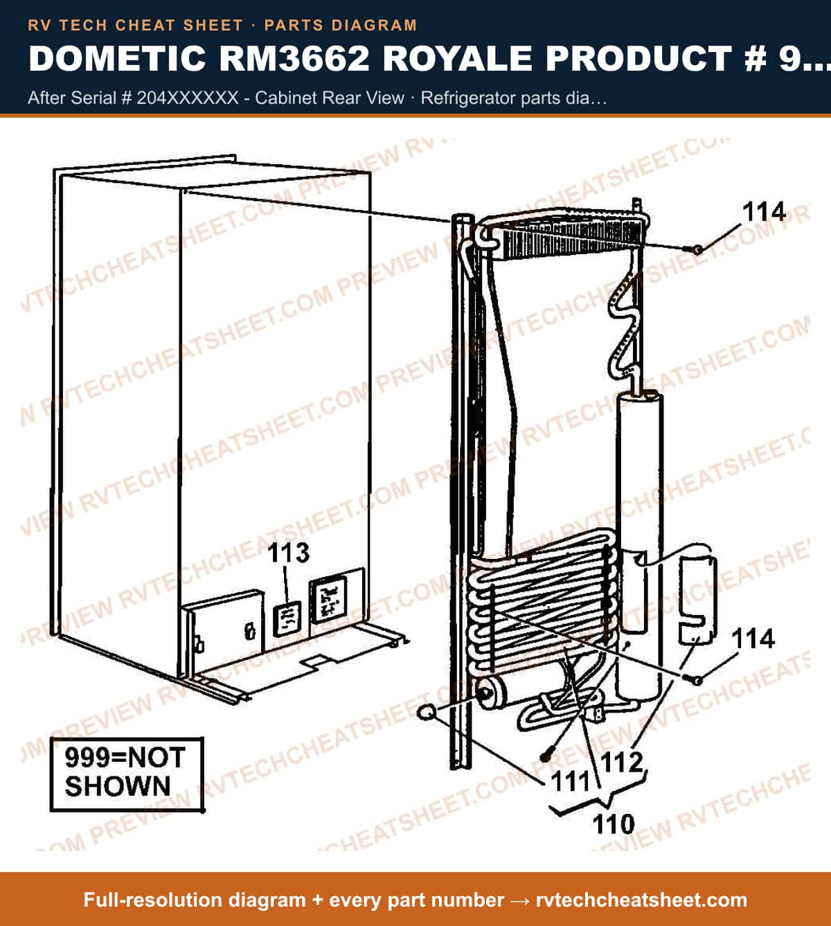 Dometic RM3662 Royale Product # 921144045 Black after serial # 204xxxxxx - cabinet rear view — parts list sheet