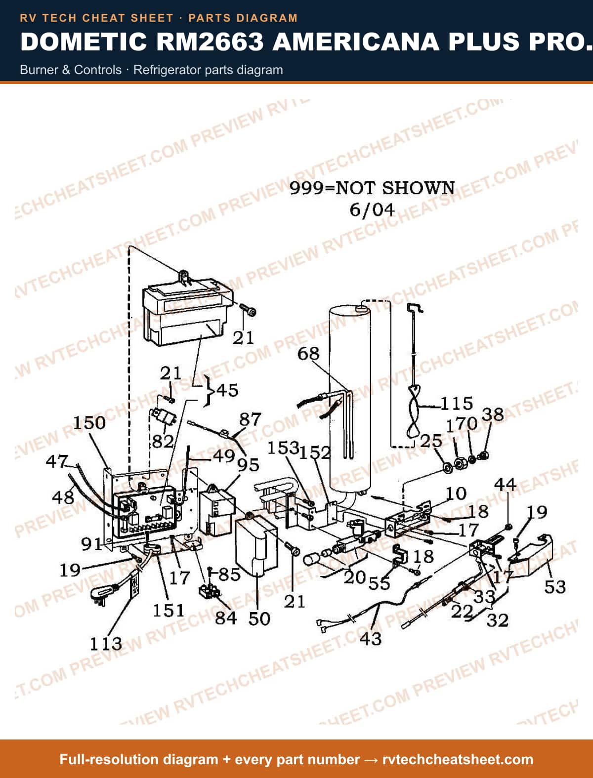 Dometic RM2663 Americana Plus Product # 921144106 Black burner & controls — parts list sheet