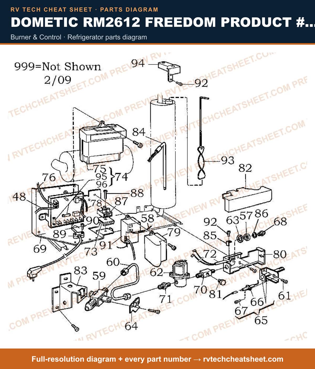Dometic RM2612 Freedom Product # 921575003 Beige burner & control — parts list sheet